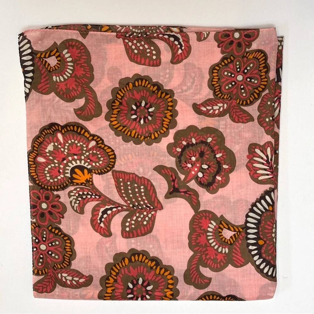 Vintage Echo Paisley Floral 100% Cotton Scarf Wrap Oblong PInk Brown Retro